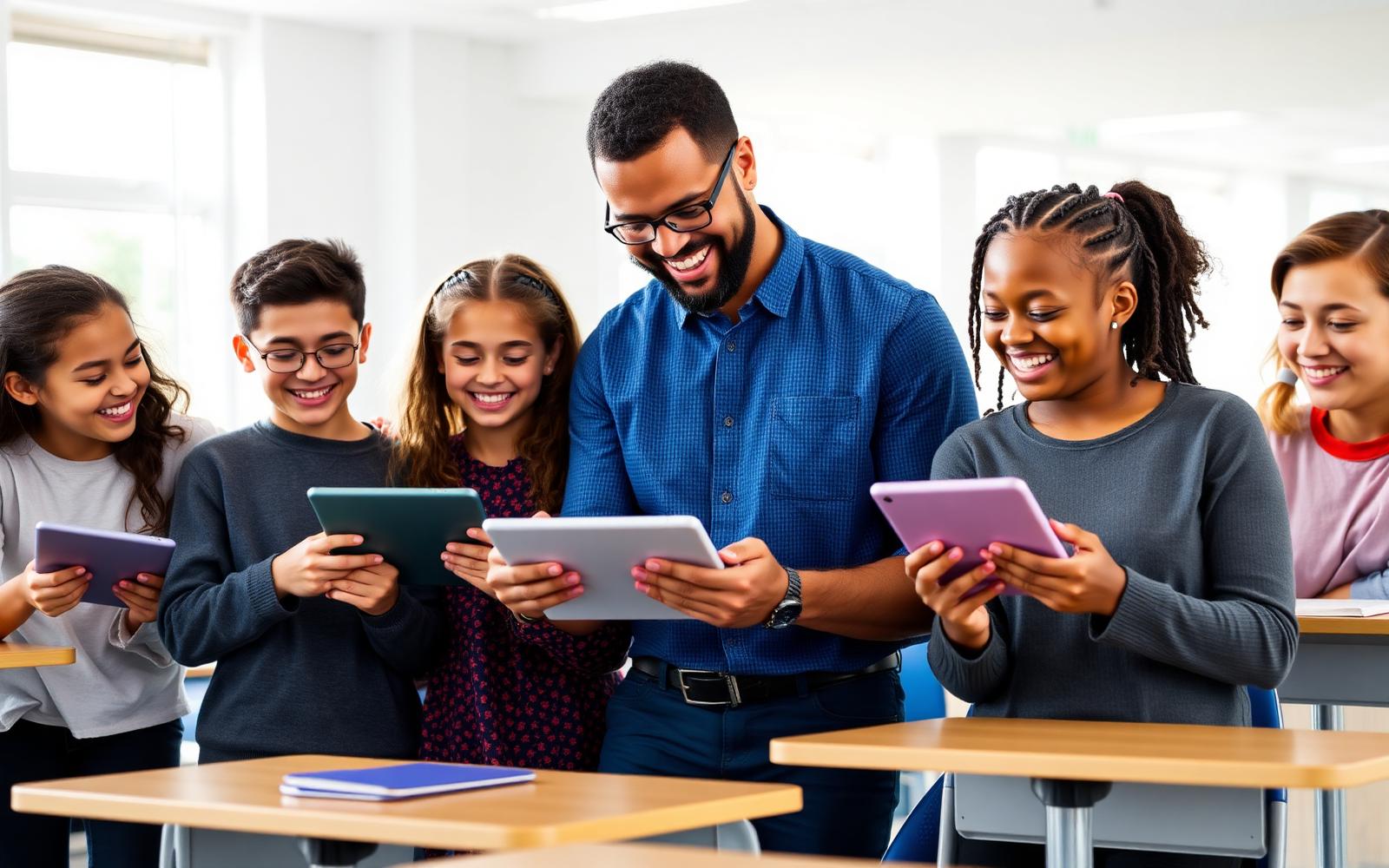 Diverse students and teacher using tablets in a modern classroom
