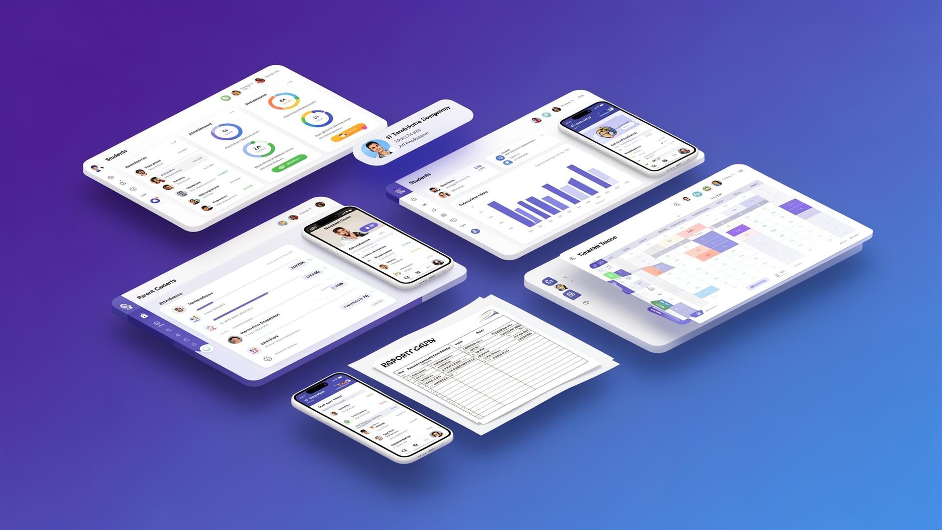 NBH Solutions school management dashboard with student analytics, AI assistant, parent portal, timetable and report card